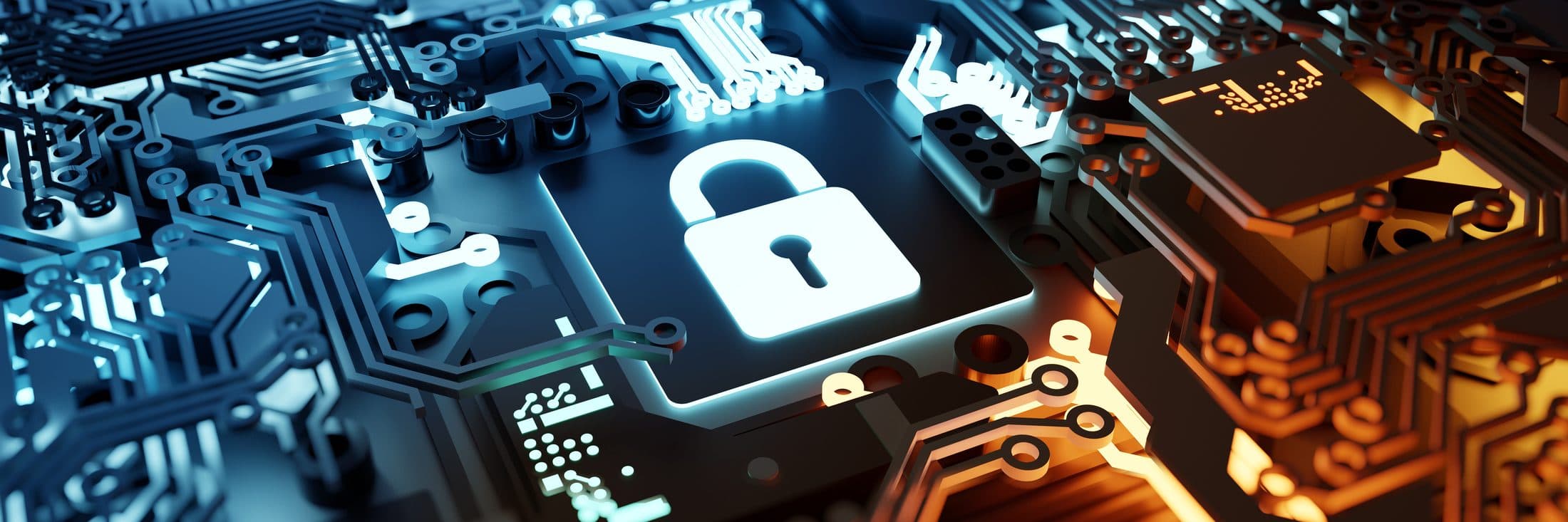 A lit padlock symbol on a computer circuit board, the board glowing blue on one side and orange on the other.