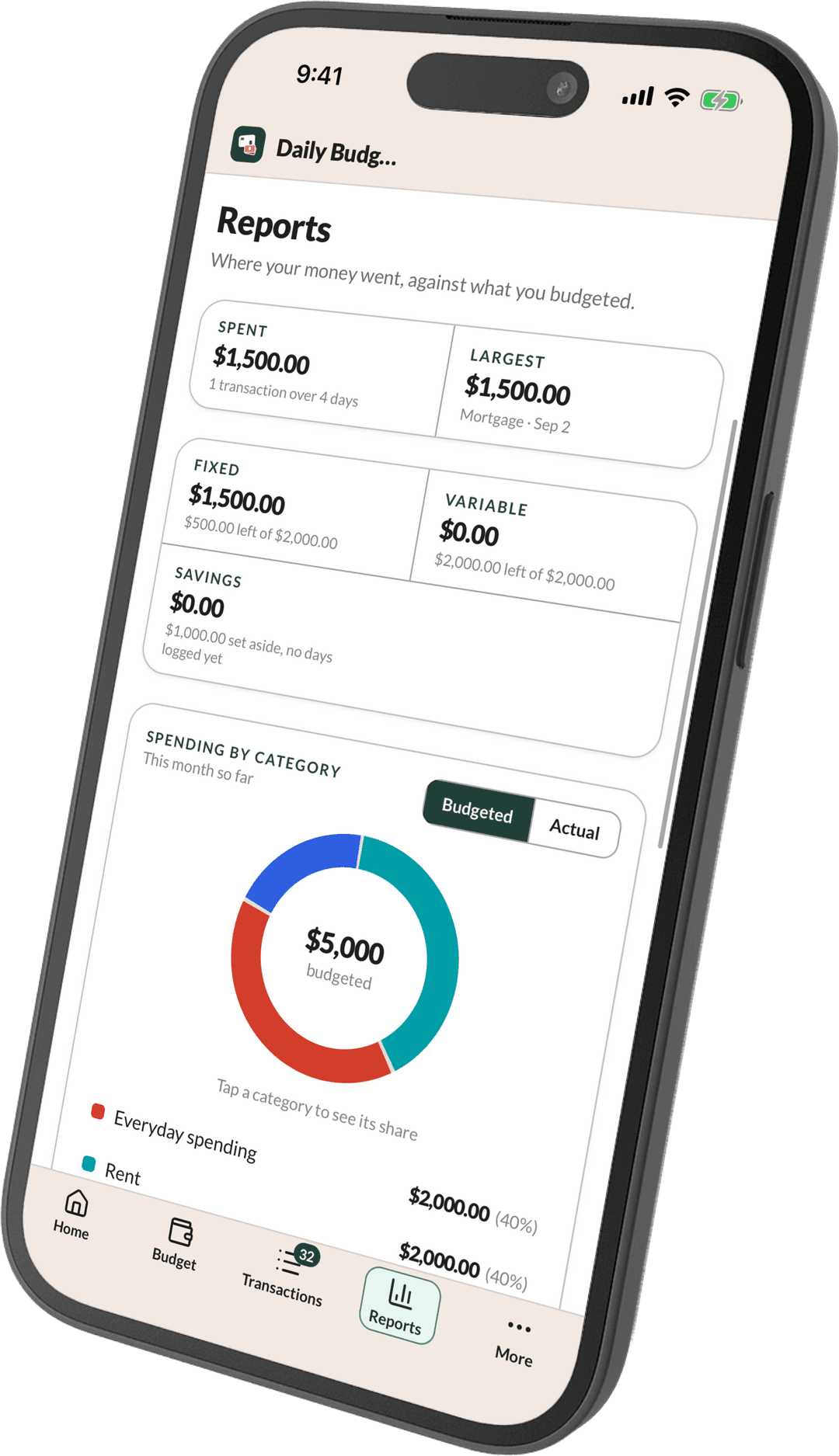 A second iPhone behind it, showing the app's Reports screen.